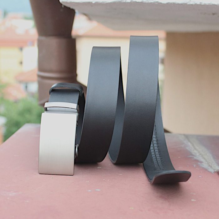 black ratchet leather belt front