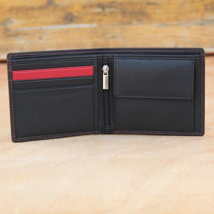 Men's Black Leather Bifold Wallet – Top Grain, Red Stitch Contrast 1