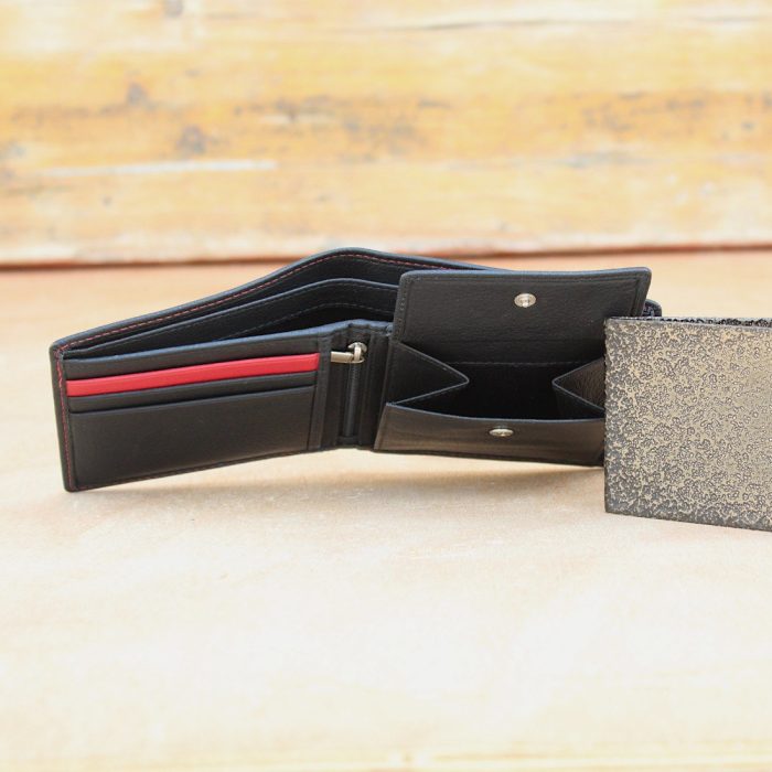 Men's Black Leather Bifold Wallet – Top Grain, Red Stitch Contrast 3