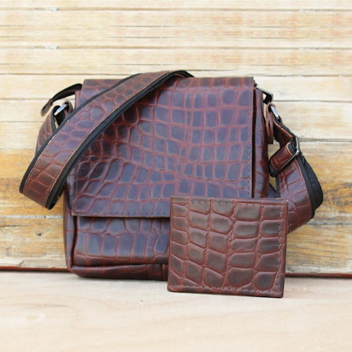 Burgundy & Black Croc-Embossed Leather Shoulder Bag & Wallet Set