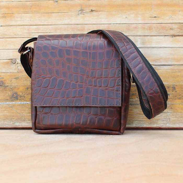 Handmade Burgundy Black Croc Embossed Leather Shoulder Bag for Men