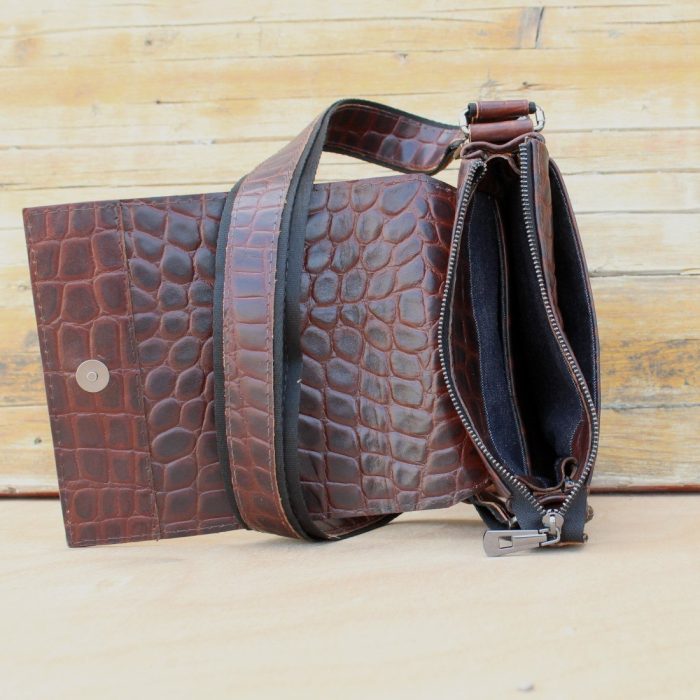 Handmade Burgundy Black Croc Embossed Leather Shoulder Bag for Men 1