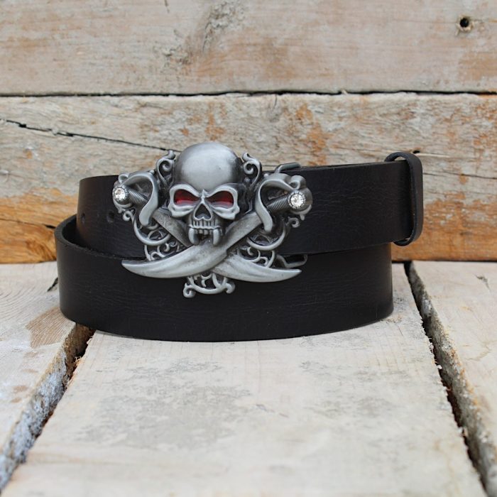 Biker Leather Belt Skull & Swords 2