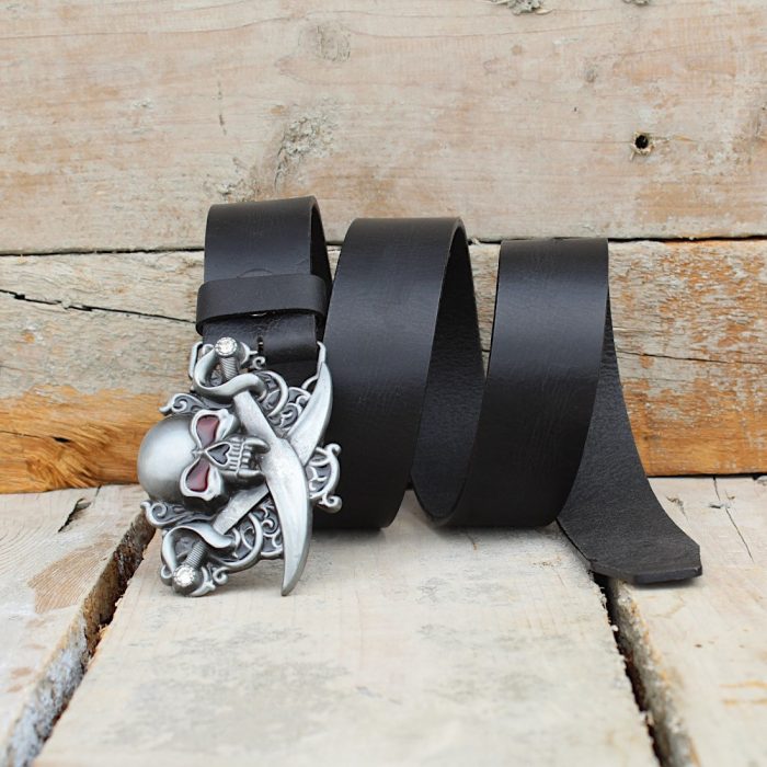 Biker Leather Belt Skull & Swords 4
