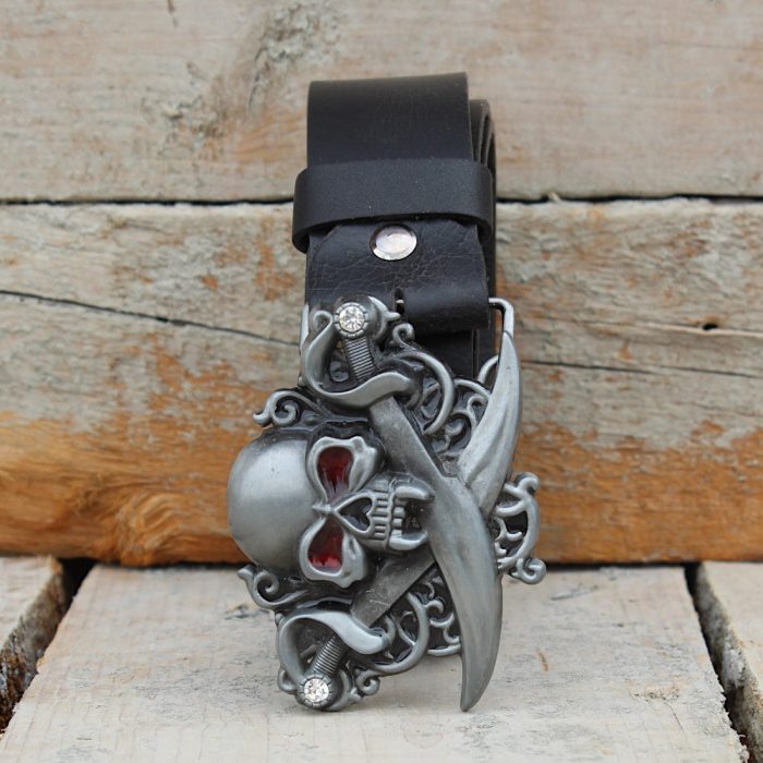Biker Leather Belt Skull & Swords