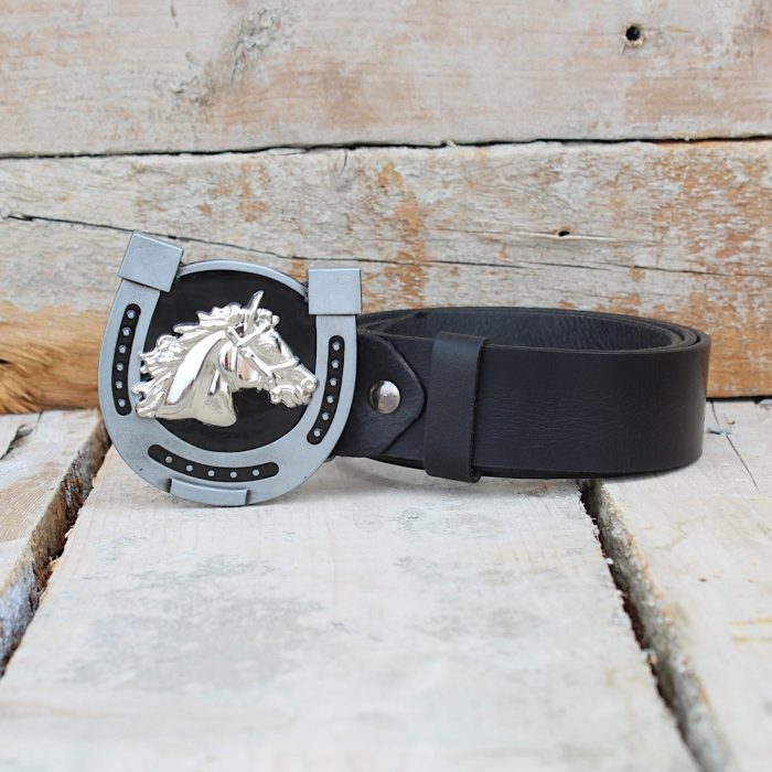 Leather Belt with Horseshoe & Horse Head Buckle 1
