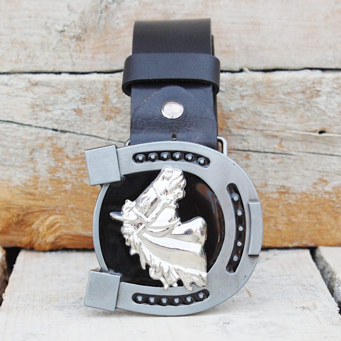 Leather Belt with Horseshoe & Horse Head Buckle