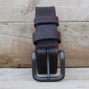 Men’s Dark Brown Leather Belt with Red Stitching