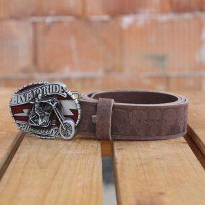 Skull Embossed Leather Belt with “Live to Ride” Buckle 1