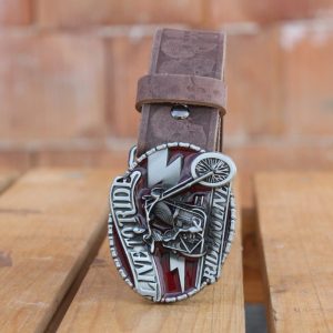 Skull Embossed Leather Belt with “Live to Ride” Buckle