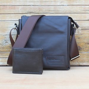 Men’s Brown Leather Shoulder Bag & Wallet Matching Set