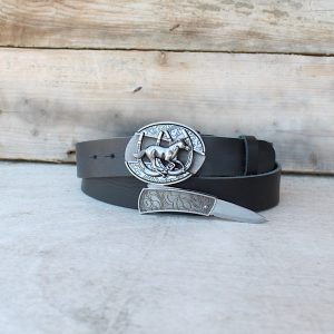 Black Leather Belt with Hidden Knife Buckle – Horse Design 1 Black Leather Belt with Hidden Knife Buckle – Horse Design 1