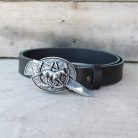 Black Leather Belt with Hidden Knife Buckle – Horse Design 2