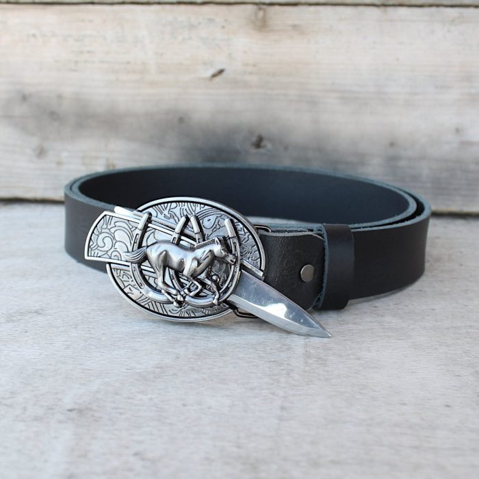 Black Leather Belt with Hidden Knife Buckle – Horse Design 2 Black Leather Belt with Hidden Knife Buckle – Horse Design 2