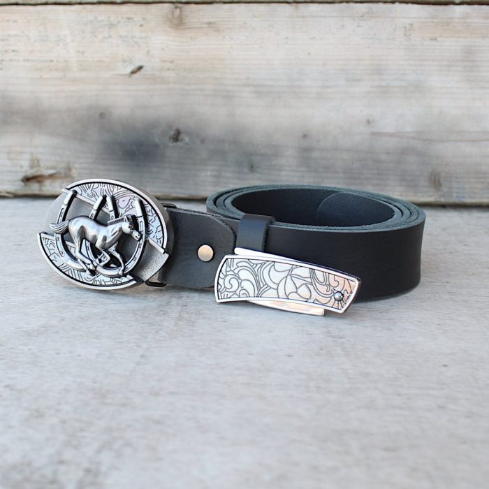 Black Leather Belt with Hidden Knife Buckle – Horse Design 3 Black Leather Belt with Hidden Knife Buckle – Horse Design 3