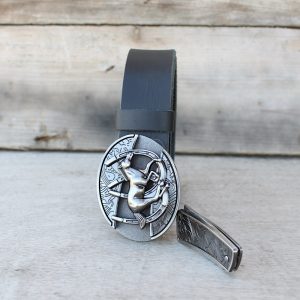 Black Leather Belt with Hidden Knife Buckle – Horse Design