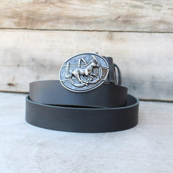 Black Leather Belt with Hidden Knife Buckle – Horse Design 4 Black Leather Belt with Hidden Knife Buckle – Horse Design 4