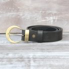 Close-up of the Drop-Shaped Matte Gold-Bronze Buckle on the Women's Black Leather Belt - ART# AA2260