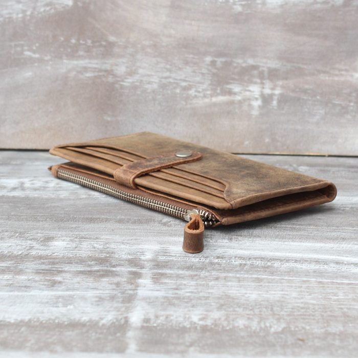 Close-up of the Snap Button Closure on the Brown Hunter Leather Women's Wallet - ART# BB4777