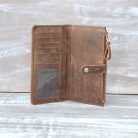 Open Brown Leather Wallet Displaying 16 Card Slots, Clear ID Window, and Bill Compartments - ART# BB4777