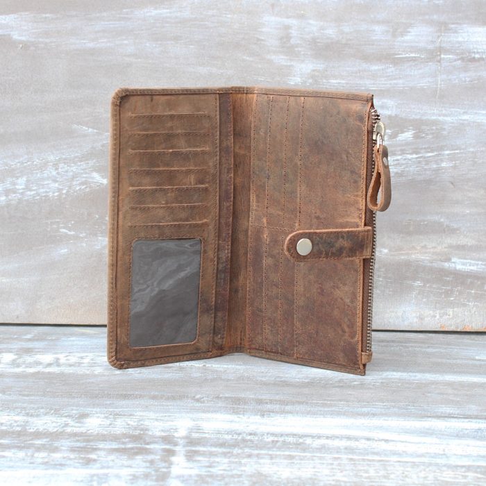 Open Brown Leather Wallet Displaying 16 Card Slots, Clear ID Window, and Bill Compartments - ART# BB4777